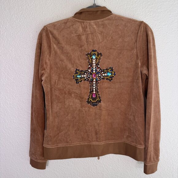 BCBGMaxazria Jacket Women Large Beaded Cross Velour Velvet Track Zip Up Y2K NEW - Picture 2 of 11